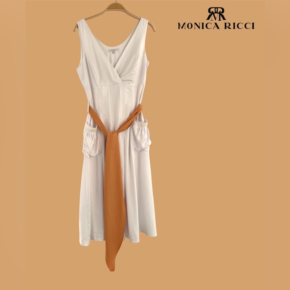 🛍️SALE🛍️ Monica Ricci White V-Neck Sleeveless Midi Dress with Tan Waist Sash - Picture 2 of 8